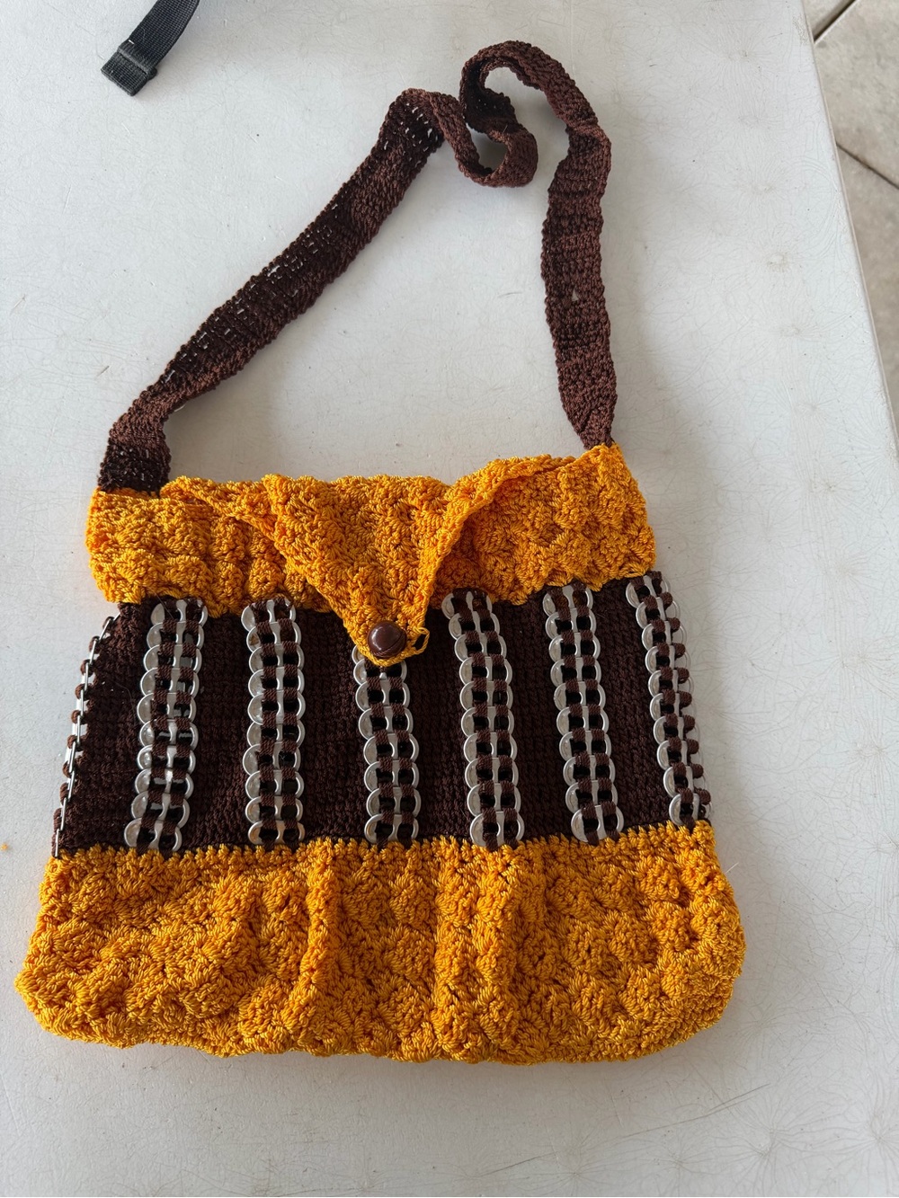 Vintage Handcrafted Mustard Yellow and Dark Brown Crochet Shoulder Bag
